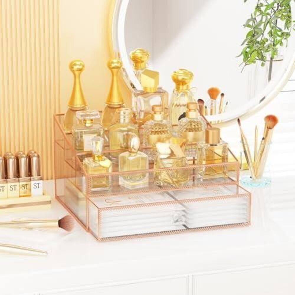 Makeup Organizer For Women, 3 Tier Tempered Glass Perfume Stand. Rose Gold